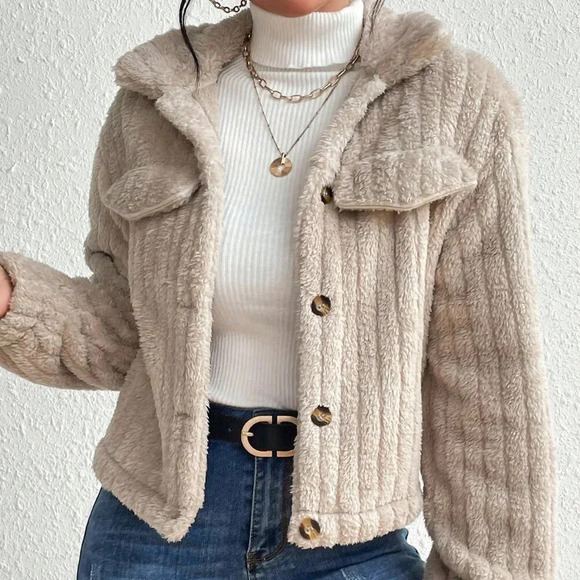 Apricot Casual Women's Flap Detail Fluffy Jacket - Picture 7 of 7